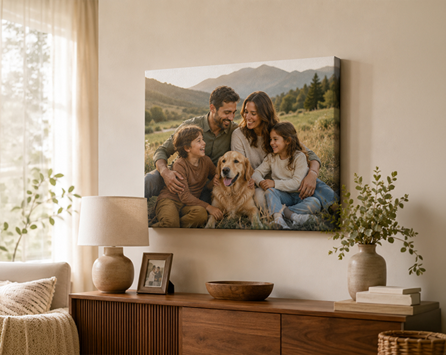 Large family portrait canvas print with golden retriever in a living room