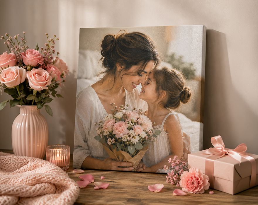 Mother and daughter canvas print gift with pink roses and holiday decor