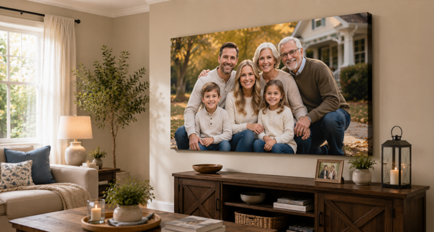 Large family portrait canvas print in a living room