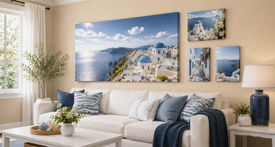 Gallery wall of canvas prints above a living room sofa